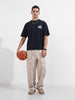 Men's Blue Relaxed Fit Embroided 240 GSM Casual T-Shirt