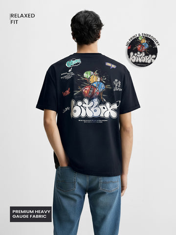 Men's Blue Relaxed Fit Embroided 240 GSM Casual T-Shirt