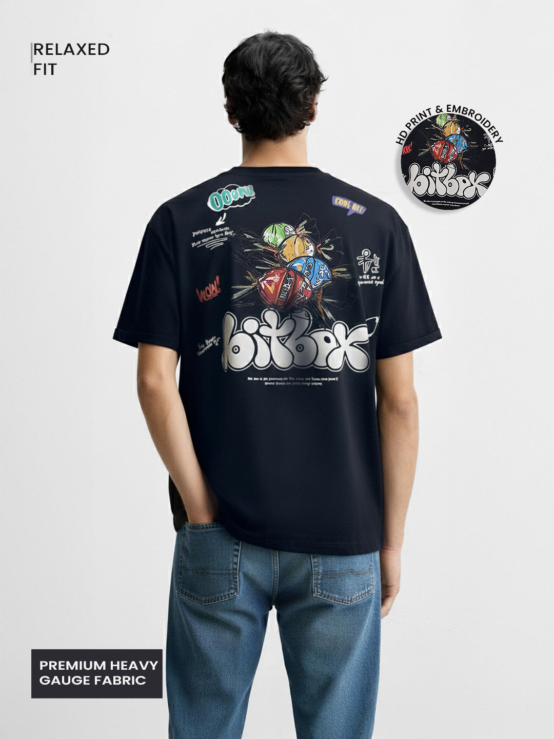 Men's Blue Relaxed Fit Embroided 240 GSM Casual T-Shirt
