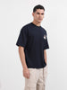 Men's Blue Relaxed Fit Embroided 240 GSM Casual T-Shirt