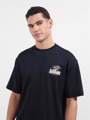 Men's Blue Relaxed Fit Embroided 240 GSM Casual T-Shirt