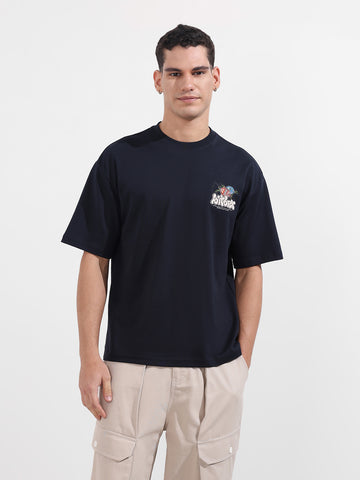 Men's Blue Relaxed Fit Embroided 240 GSM Casual T-Shirt
