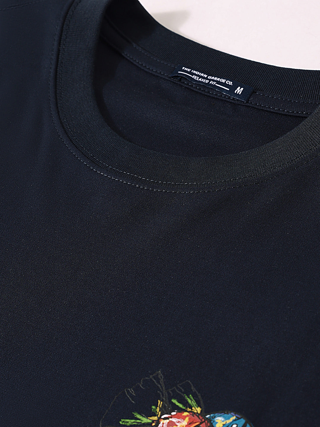 Men's Blue Relaxed Fit Embroided 240 GSM Casual T-Shirt