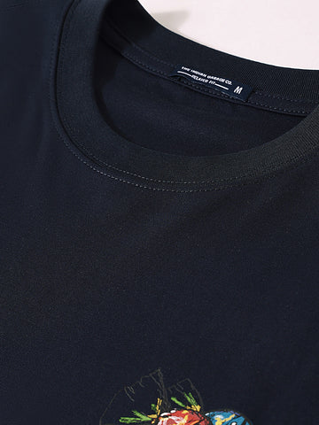 Men's Blue Relaxed Fit Embroided 240 GSM Casual T-Shirt