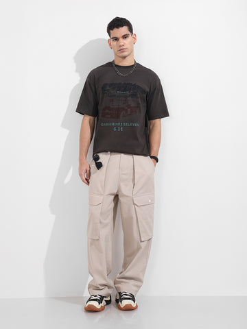 Men's Grey Relaxed Fit Graphic Printed 240 GSM Casual T-Shirt