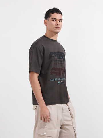 Men's Grey Relaxed Fit Graphic Printed 240 GSM Casual T-Shirt
