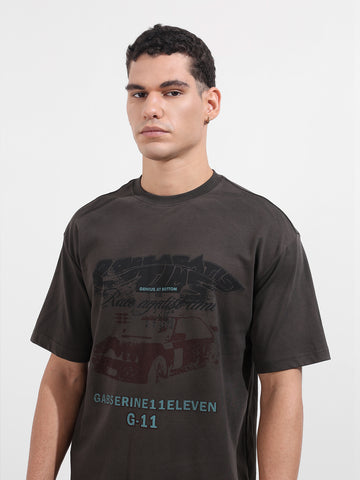 Men's Grey Relaxed Fit Graphic Printed 240 GSM Casual T-Shirt