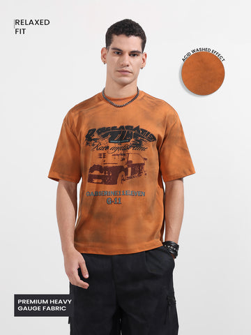 Men's Orange Relaxed Fit Graphic Printed 240 GSM Casual T-Shirt