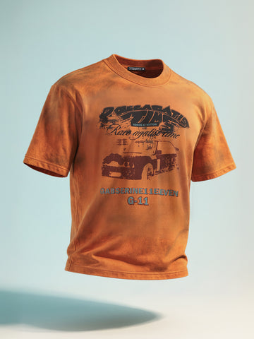 Men's Orange Relaxed Fit Graphic Printed 240 GSM Casual T-Shirt