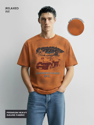 Men's Orange Relaxed Fit Graphic Printed 240 GSM Casual T-Shirt