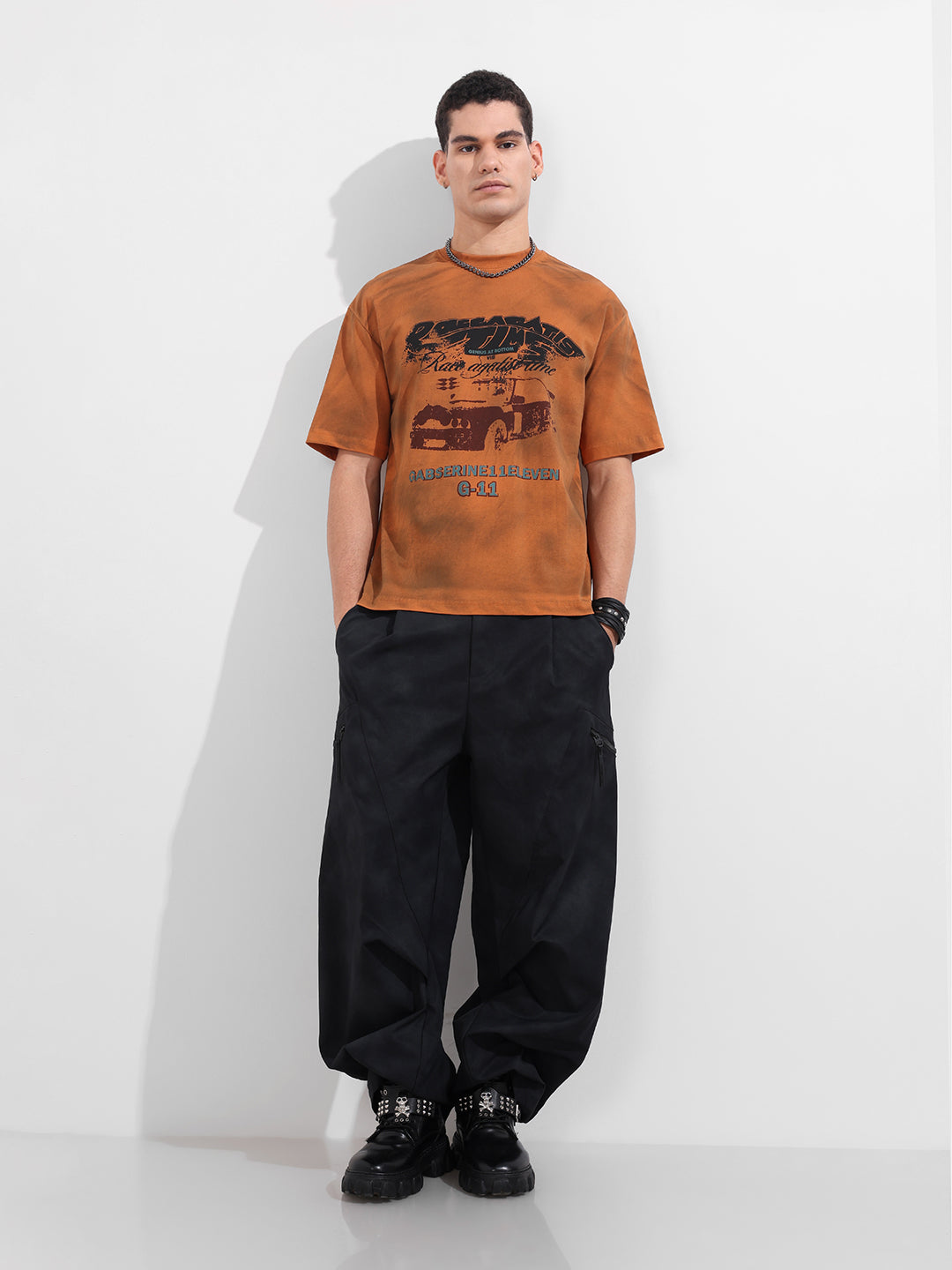 Men's Orange Relaxed Fit Graphic Printed 240 GSM Casual T-Shirt