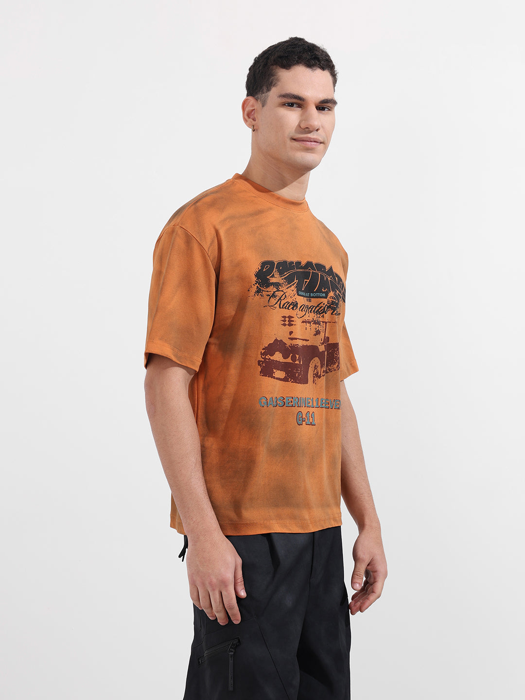 Men's Orange Relaxed Fit Graphic Printed 240 GSM Casual T-Shirt