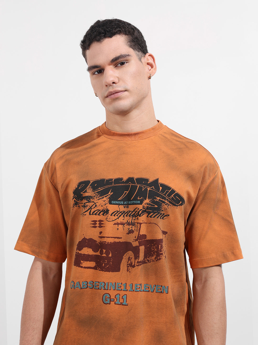 Men's Orange Relaxed Fit Graphic Printed 240 GSM Casual T-Shirt