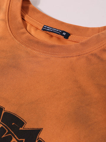 Men's Orange Relaxed Fit Graphic Printed 240 GSM Casual T-Shirt