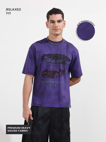 Men's Purple Relaxed Fit Graphic Printed 240 GSM Casual T-Shirt