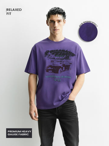 Men's Purple Relaxed Fit Graphic Printed 240 GSM Casual T-Shirt