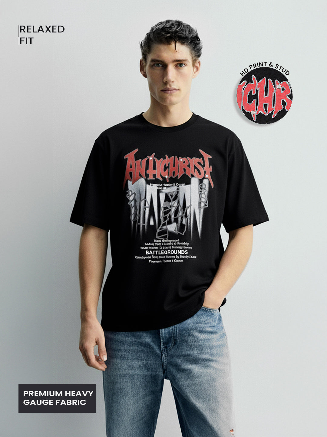 Men's Black Relaxed Fit Graphic Printed 240 GSM Casual T-Shirt