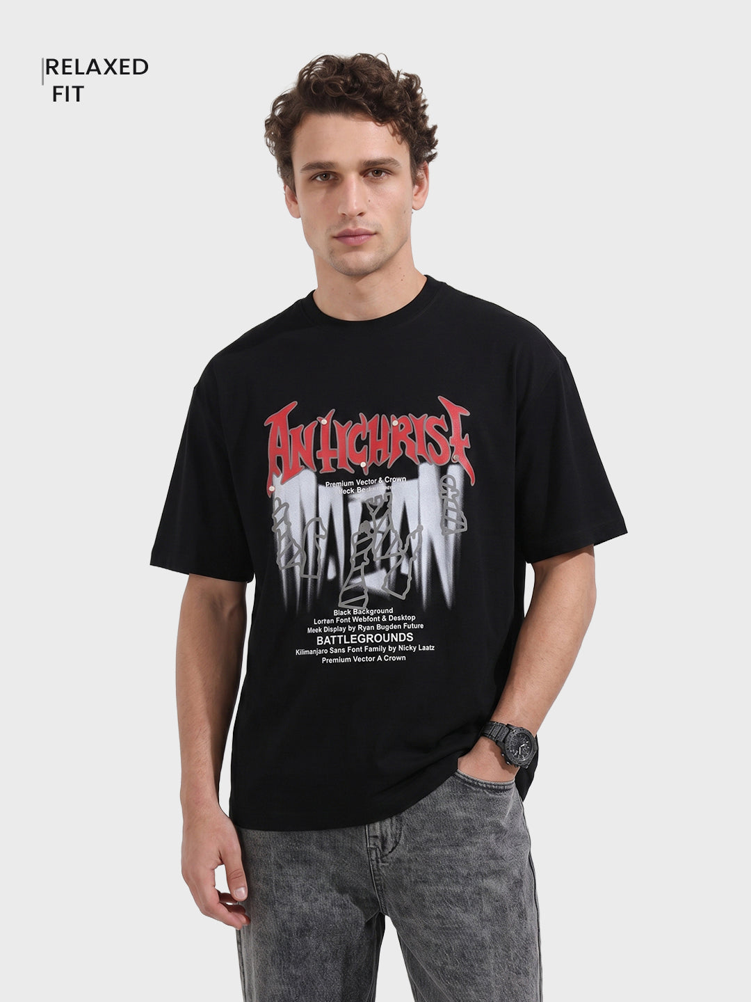 Men's Black Relaxed Fit Graphic Printed 240 GSM Casual T-Shirt
