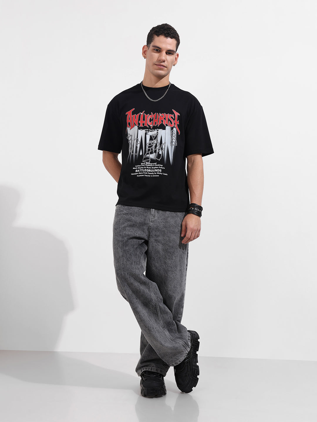 Men's Black Relaxed Fit Graphic Printed 240 GSM Casual T-Shirt