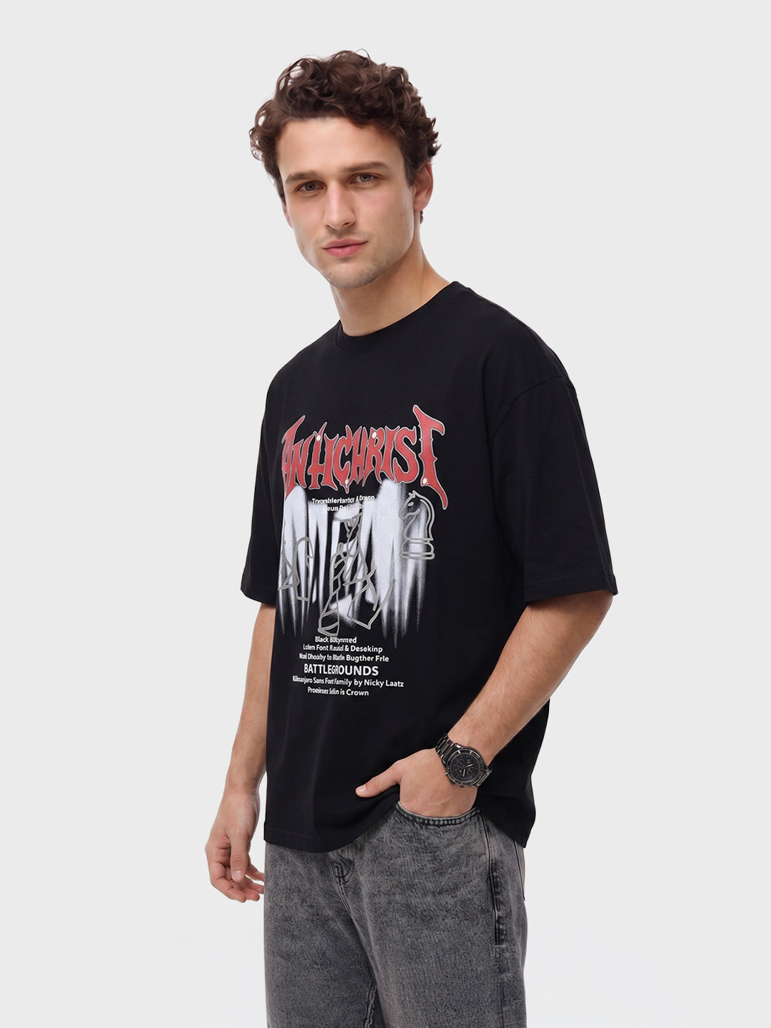 Men's Black Relaxed Fit Graphic Printed 240 GSM Casual T-Shirt