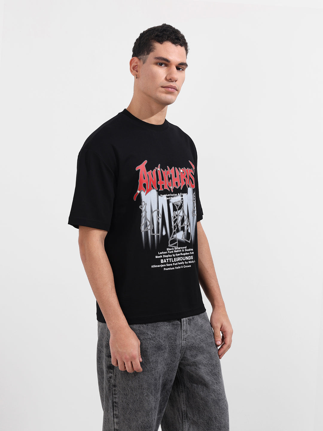 Men's Black Relaxed Fit Graphic Printed 240 GSM Casual T-Shirt