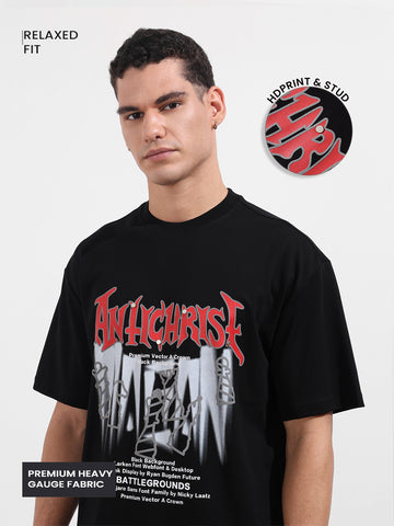 Men's Black Relaxed Fit Graphic Printed 240 GSM Casual T-Shirt