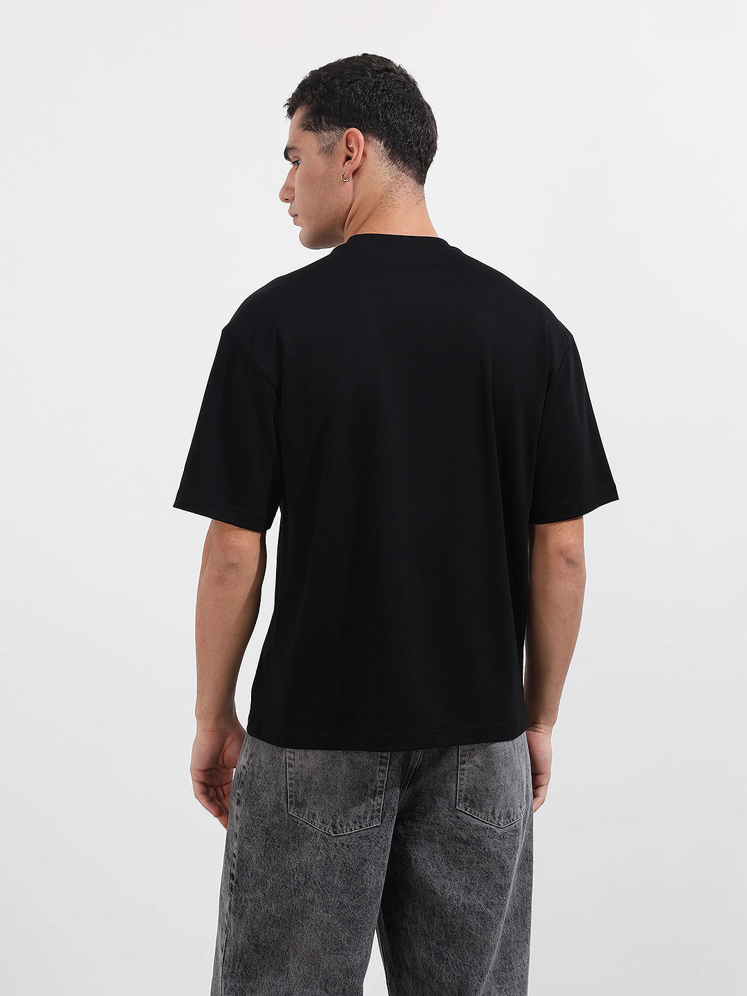 Men's Black Relaxed Fit Graphic Printed 240 GSM Casual T-Shirt