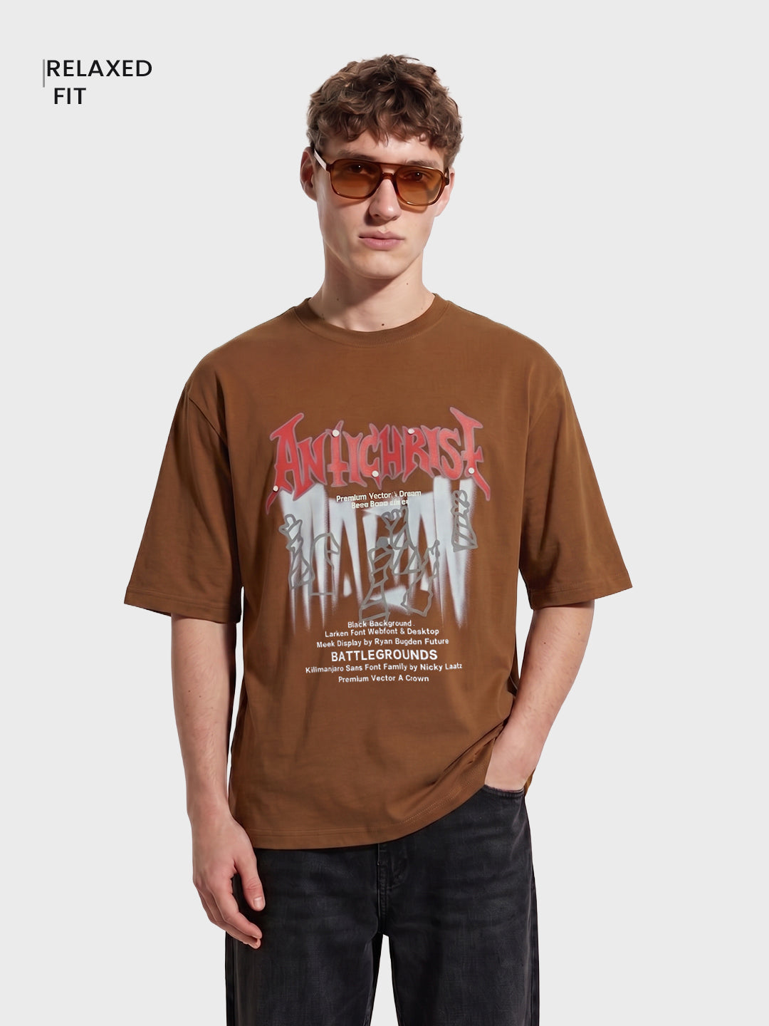 Men's Brown Relaxed Fit Graphic Printed 240 GSM Casual T-Shirt