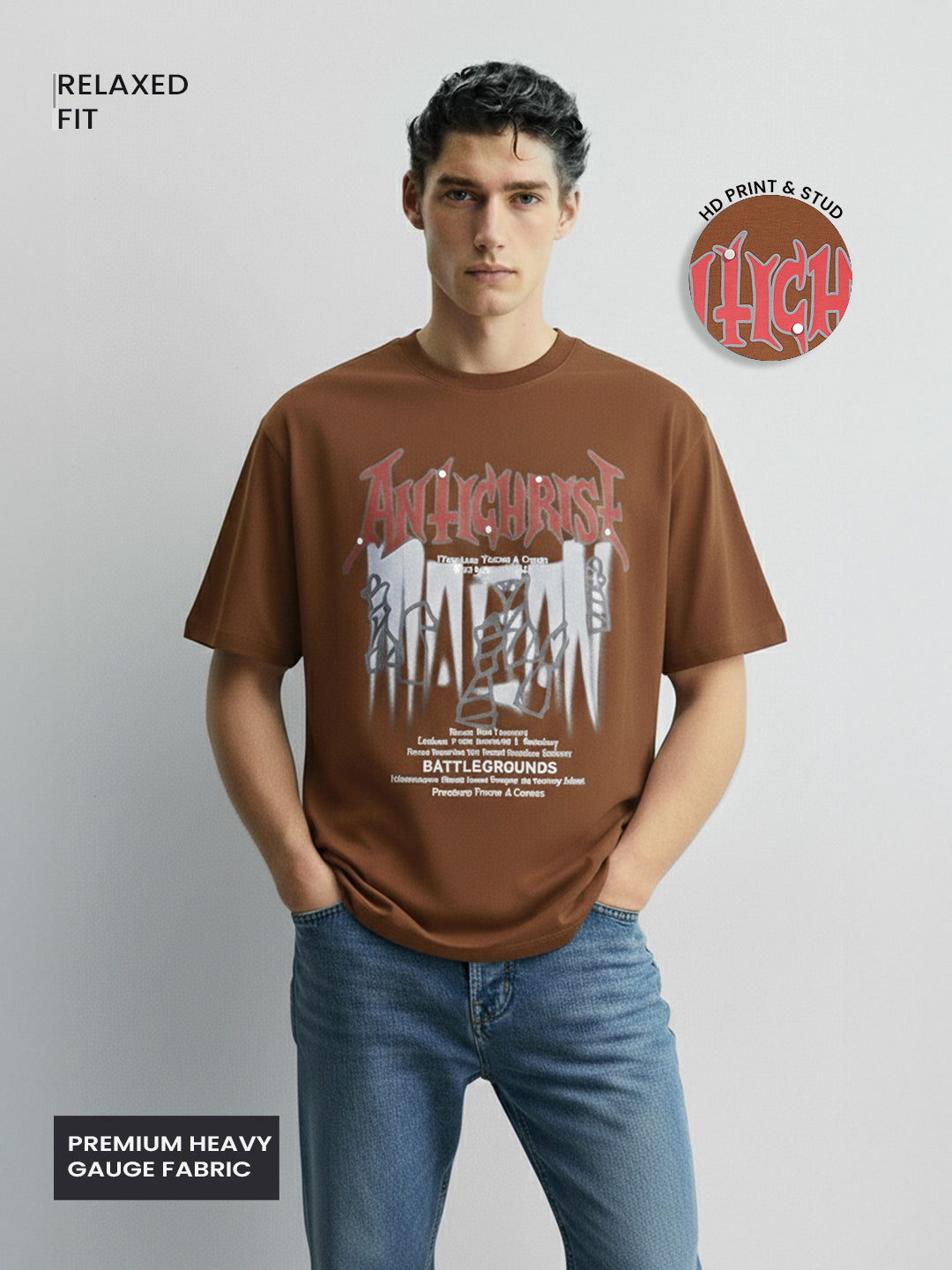 Men's Brown Relaxed Fit Graphic Printed 240 GSM Casual T-Shirt