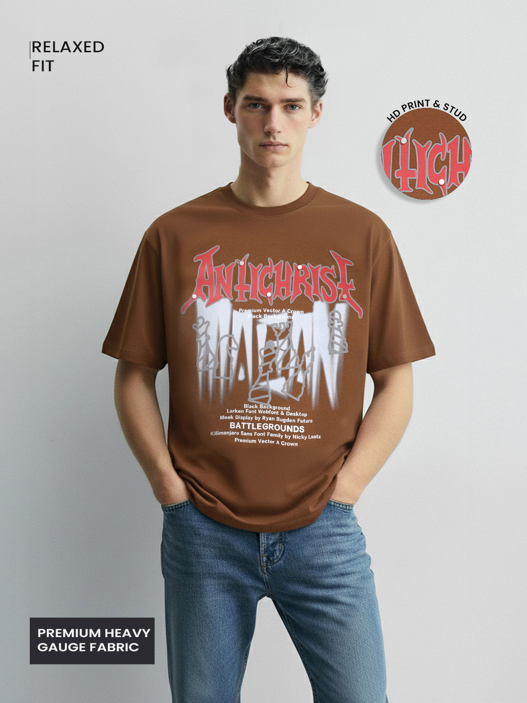 Men's Brown Relaxed Fit Graphic Printed 240 GSM Casual T-Shirt