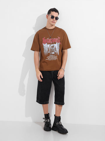 Men's Brown Relaxed Fit Graphic Printed 240 GSM Casual T-Shirt