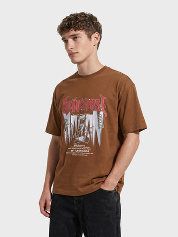 Men's Brown Relaxed Fit Graphic Printed 240 GSM Casual T-Shirt