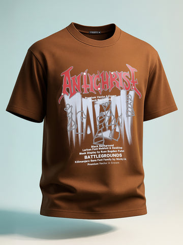 Men's Brown Relaxed Fit Graphic Printed 240 GSM Casual T-Shirt