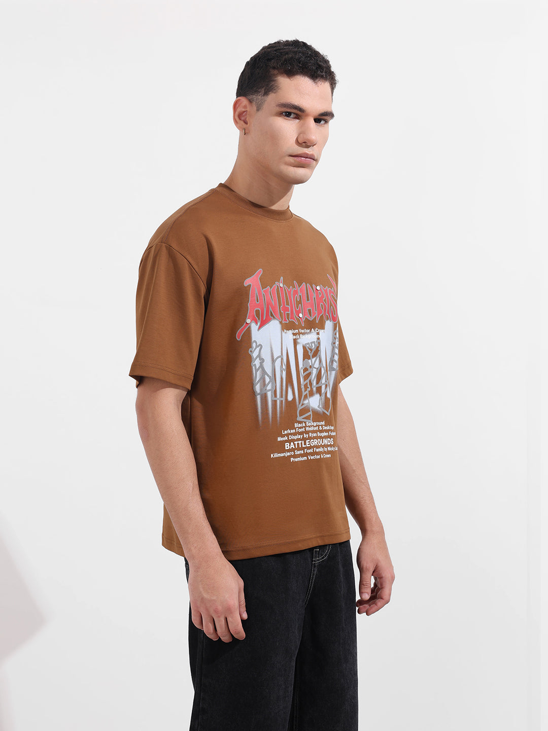 Men's Brown Relaxed Fit Graphic Printed 240 GSM Casual T-Shirt