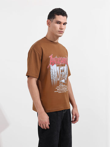 Men's Brown Relaxed Fit Graphic Printed 240 GSM Casual T-Shirt