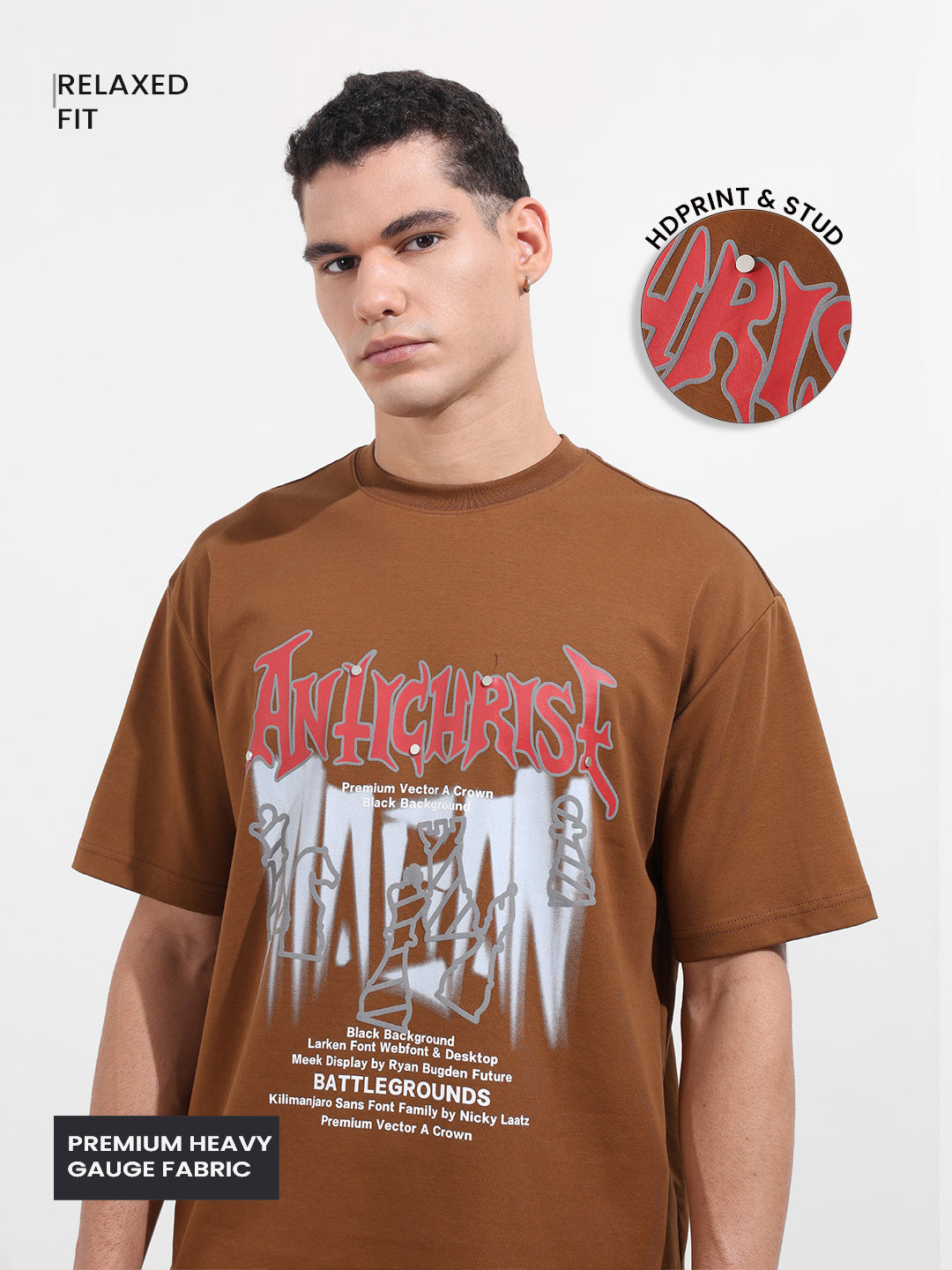 Men's Brown Relaxed Fit Graphic Printed 240 GSM Casual T-Shirt