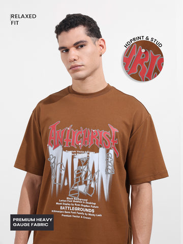 Men's Brown Relaxed Fit Graphic Printed 240 GSM Casual T-Shirt