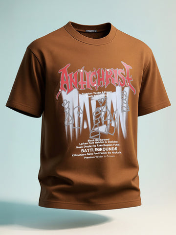 Men's Brown Relaxed Fit Graphic Printed 240 GSM Casual T-Shirt