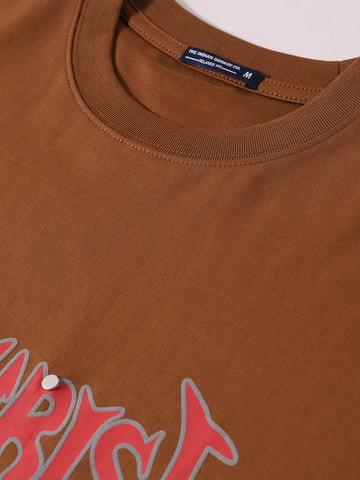 Men's Brown Relaxed Fit Graphic Printed 240 GSM Casual T-Shirt