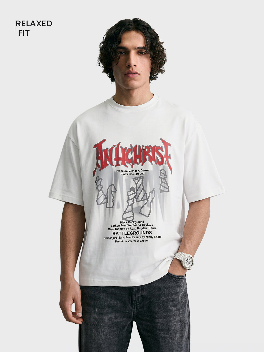 Men's White Relaxed Fit Graphic Printed 240 GSM Casual T-Shirt