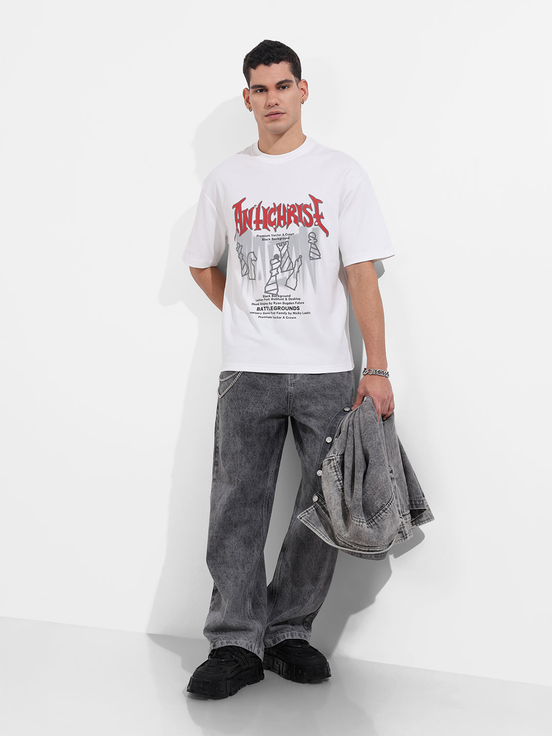Men's White Relaxed Fit Graphic Printed 240 GSM Casual T-Shirt