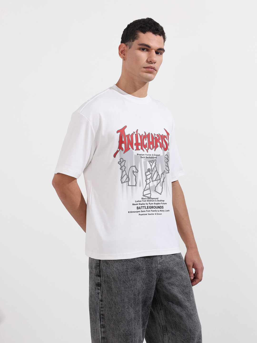 Men's White Relaxed Fit Graphic Printed 240 GSM Casual T-Shirt