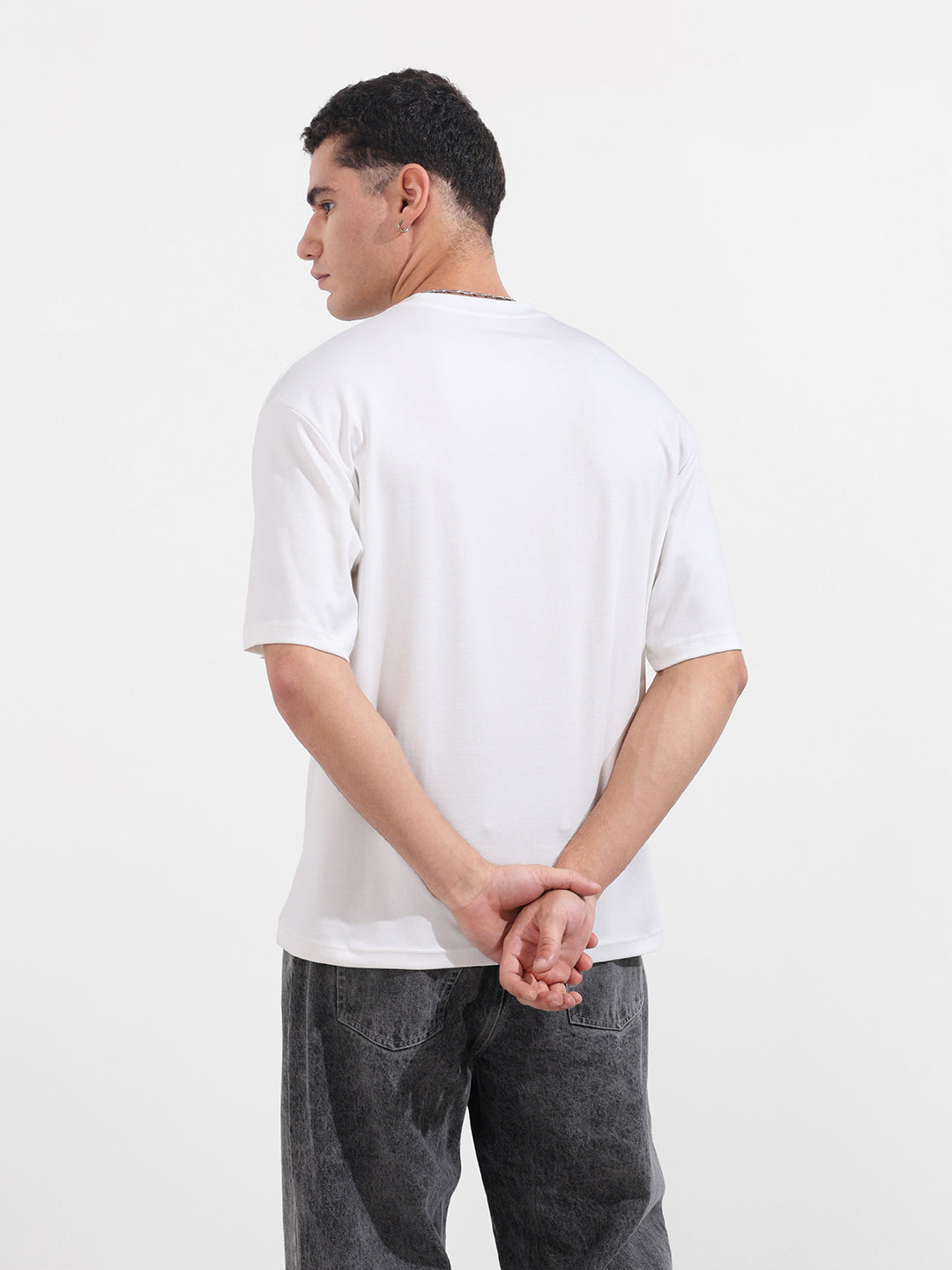 Men's White Relaxed Fit Graphic Printed 240 GSM Casual T-Shirt