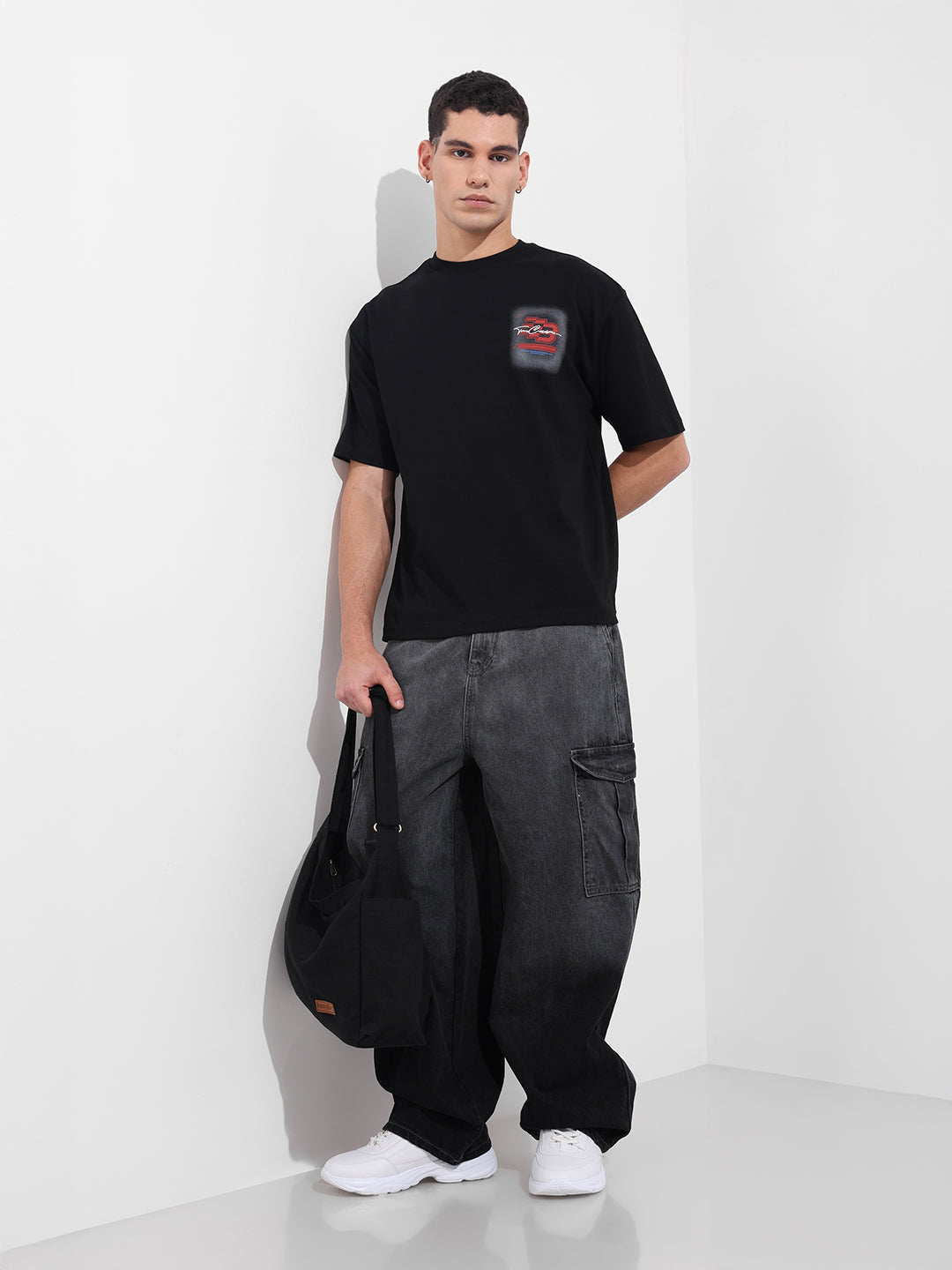 Men's Black Relaxed Fit Embroided 240 GSM Casual T-Shirt