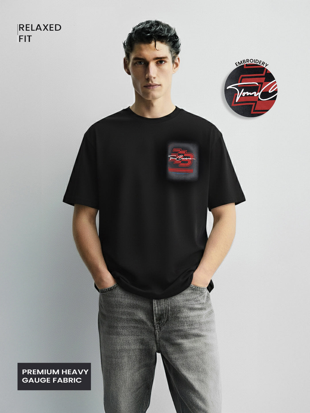 Men's Black Relaxed Fit Embroided 240 GSM Casual T-Shirt