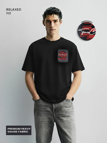 Men's Black Relaxed Fit Embroided 240 GSM Casual T-Shirt