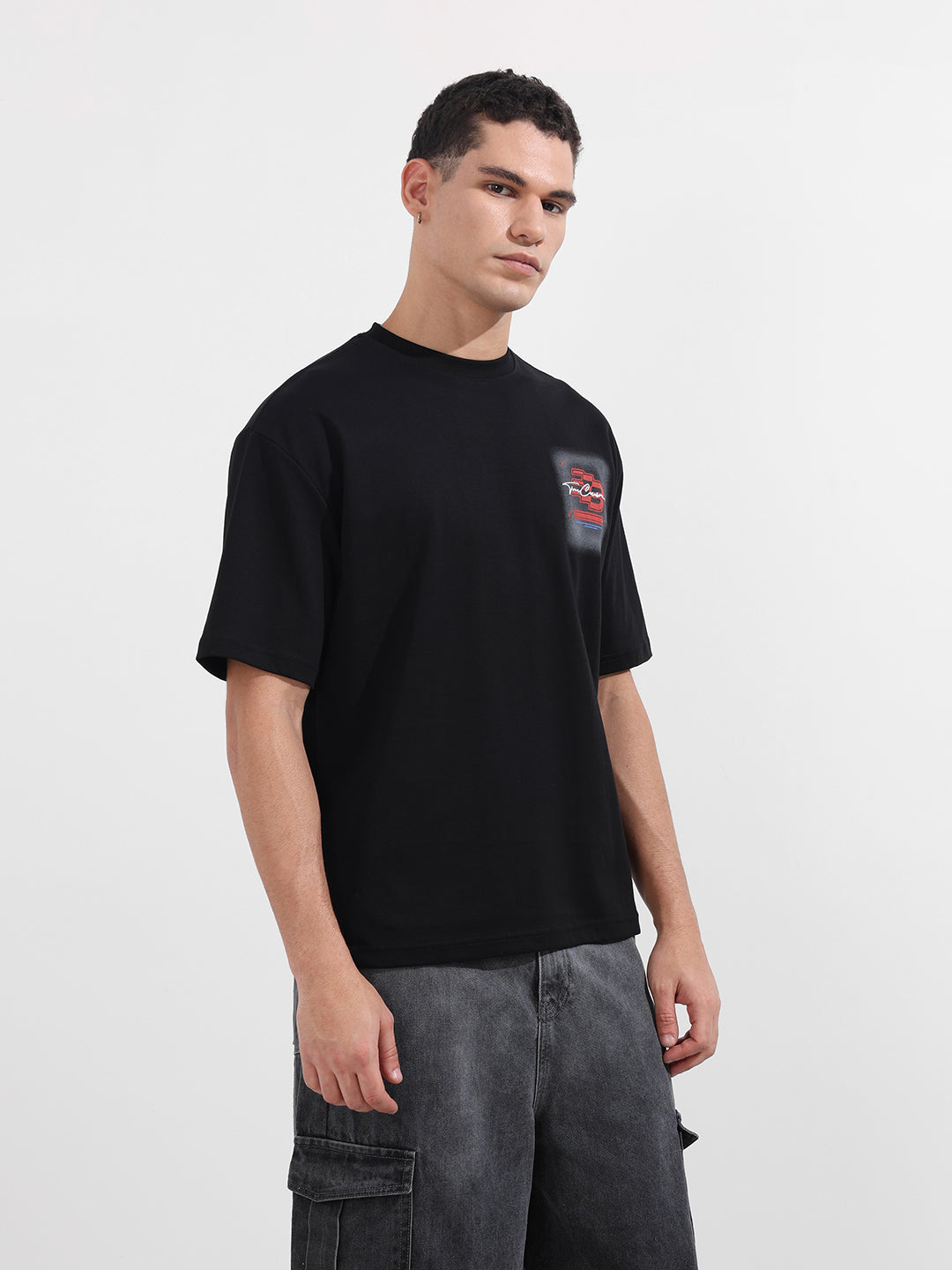 Men's Black Relaxed Fit Embroided 240 GSM Casual T-Shirt