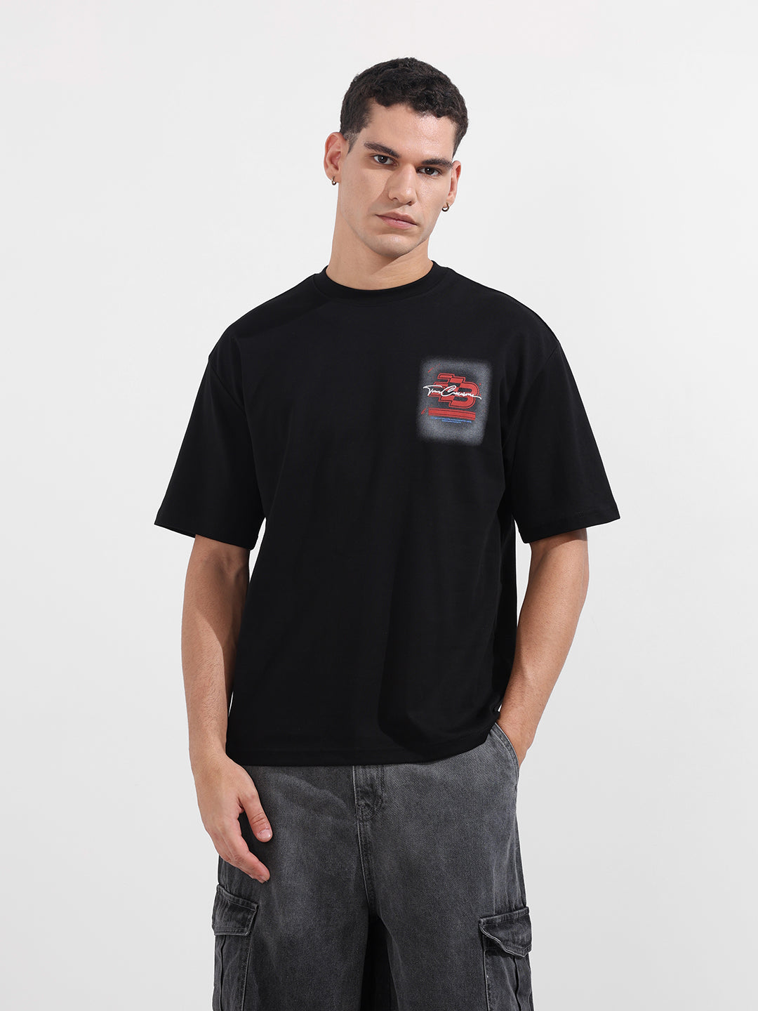 Men's Black Relaxed Fit Embroided 240 GSM Casual T-Shirt
