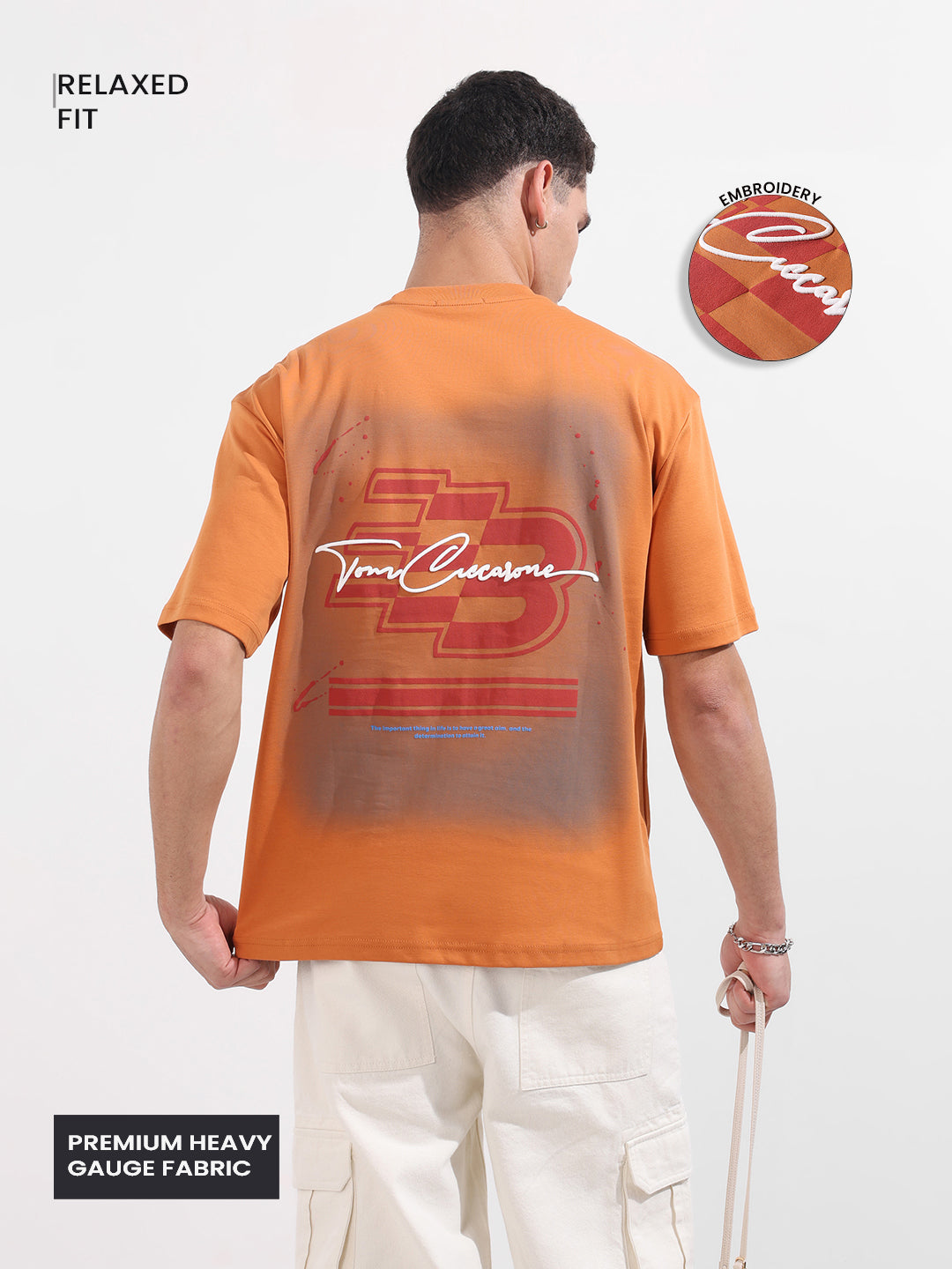 Men's Orange Relaxed Fit Embroided 240 GSM Casual T-Shirt
