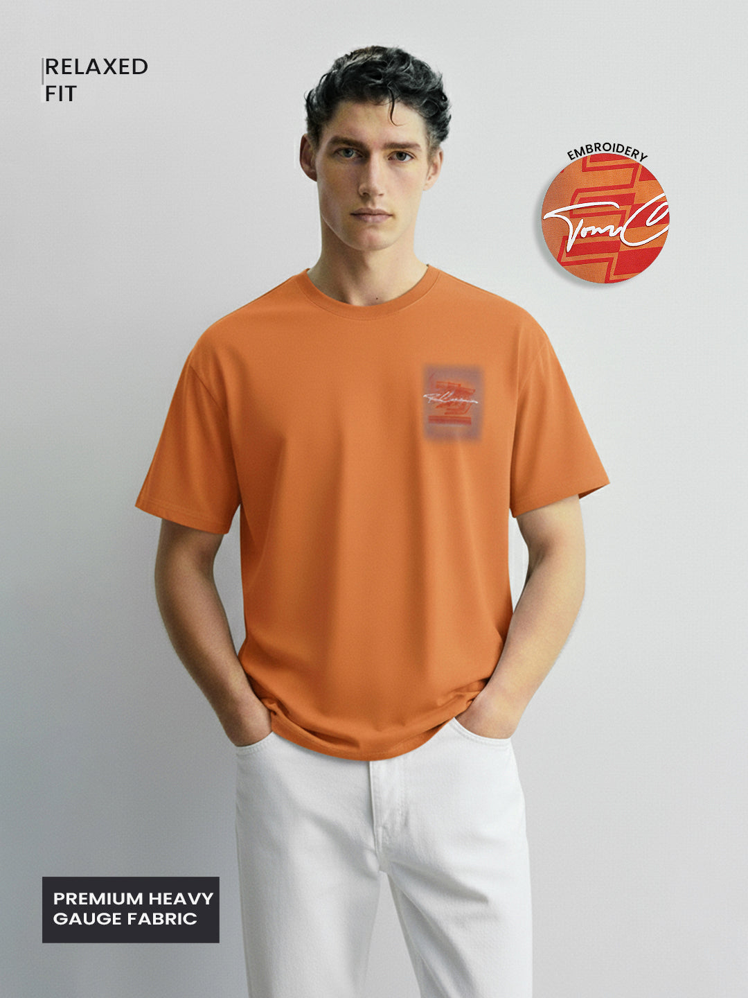 Men's Orange Relaxed Fit Embroided 240 GSM Casual T-Shirt